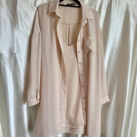 Blue Blush Two-Piece Satin Slip Dress & Oversized Shirt Set L Blush Pink Nude - Picture 2 of 4